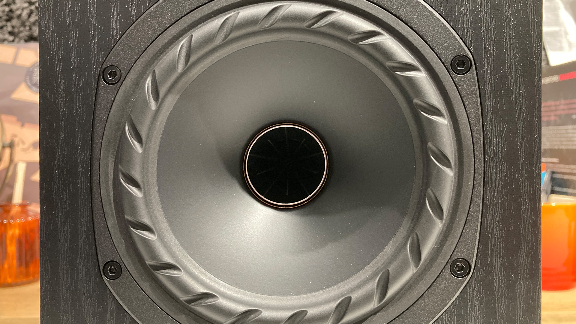 Fyne Audio F5E standmount speakers close up on IsoFlare drive unit