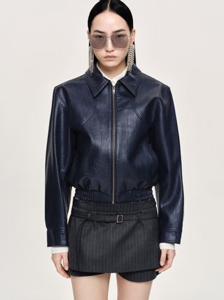 Ennio Faux-Leather Bomber Jacket, Navy