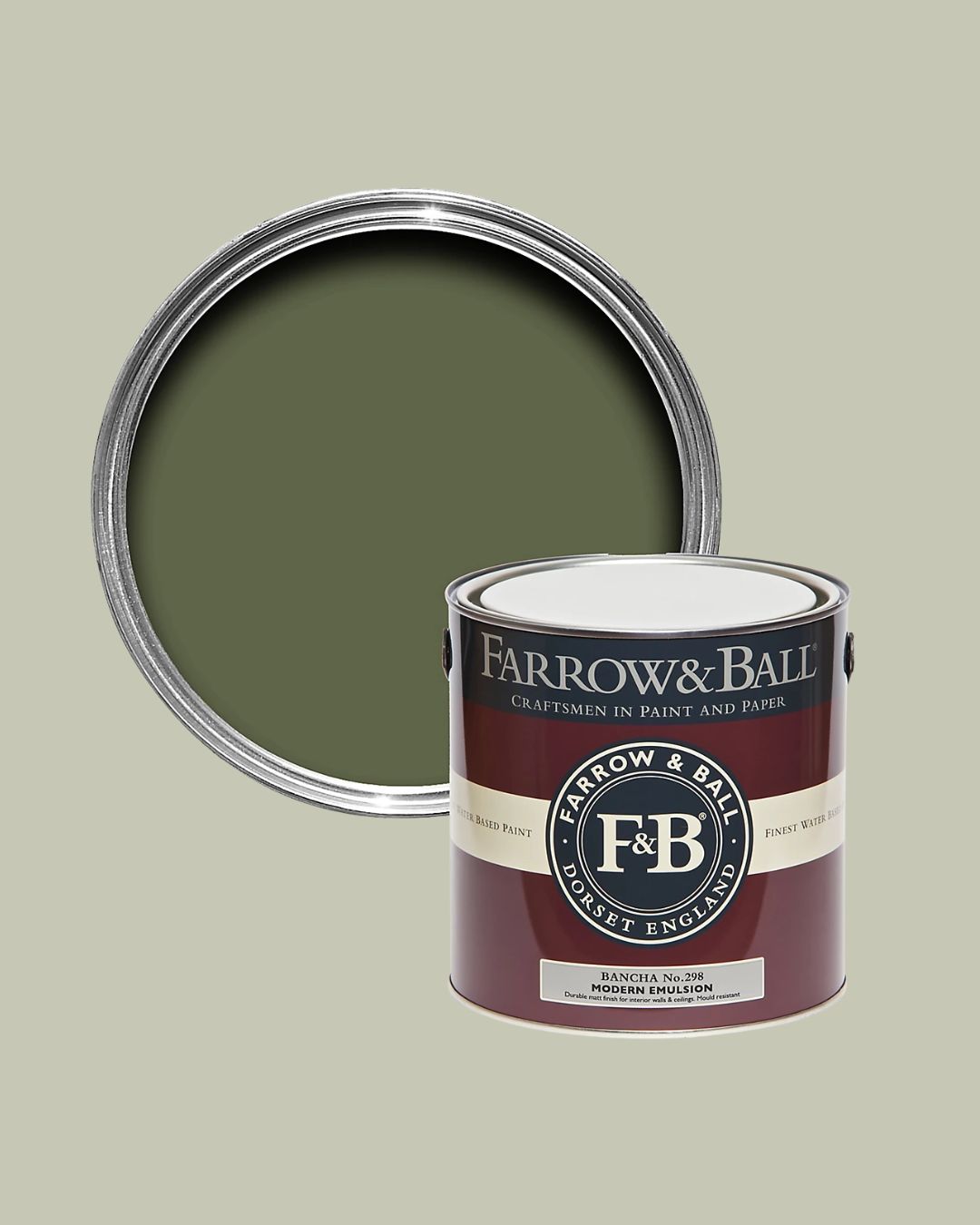 Farrow &amp;amp; Ball Modern Bancha No.298 Matt Wall &amp;amp; Ceiling Emulsion Paint, 2.5l against pale green background.