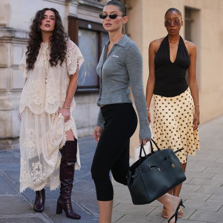 woman wearing a dress and boots; woman wearing a halter top and a polka dot skirt; woman wearing a top and capri pants 