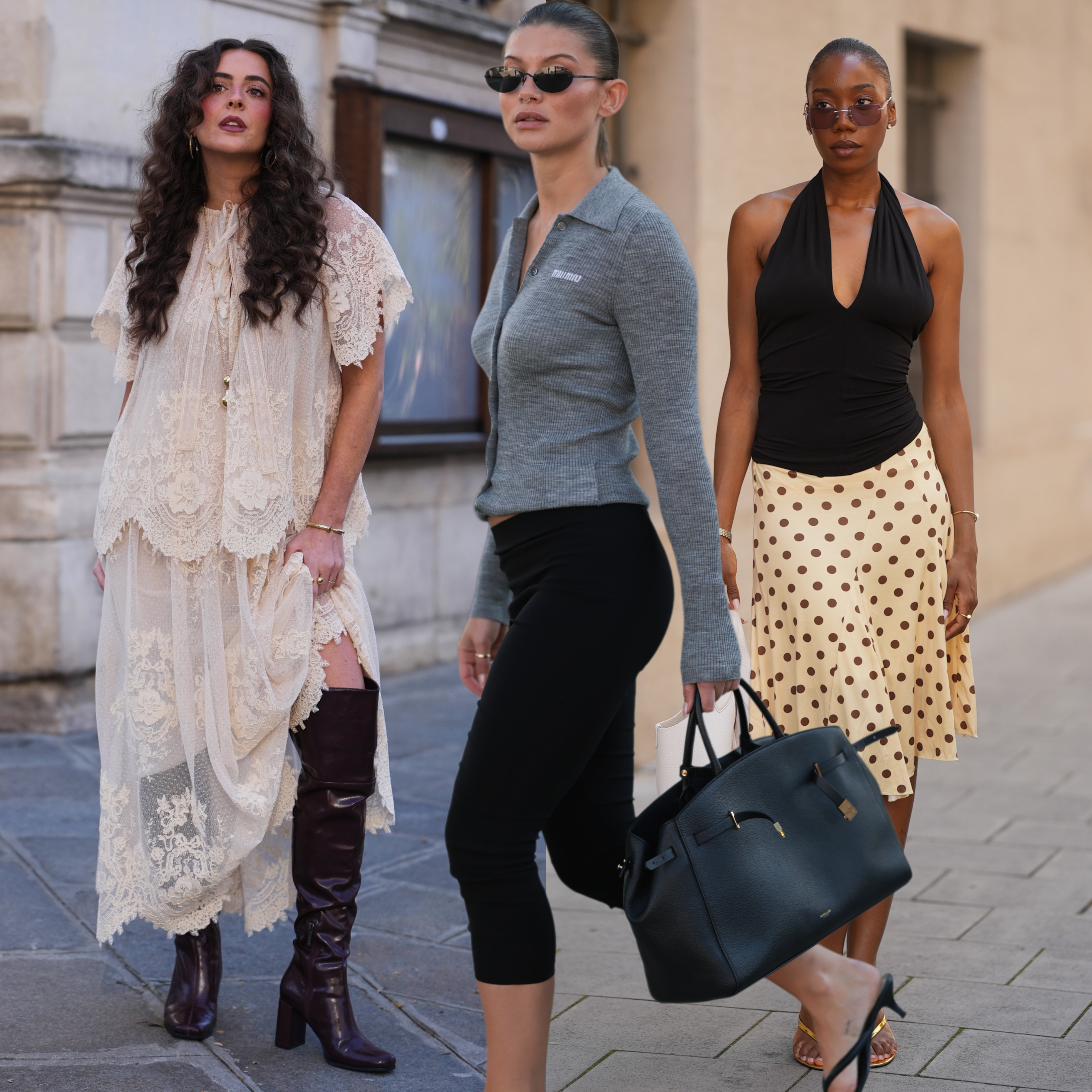 woman wearing a dress and boots; woman wearing a halter top and a polka dot skirt; woman wearing a top and capri pants 