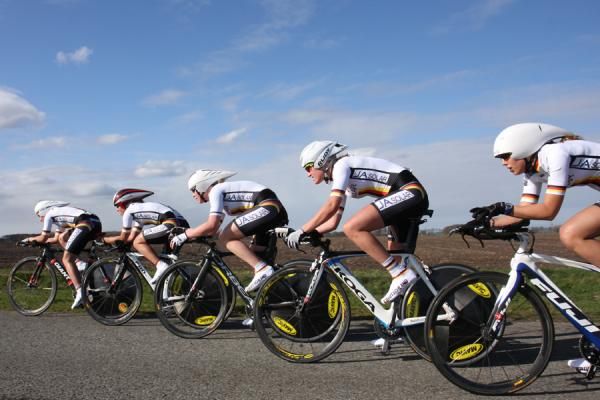 The German National Team in echelon formation during the team time trial.