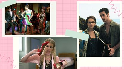 The best teen movies on Netflix: Film stills from 13 going on 30, Wild Child and She&#039;s All That in a pink and white template