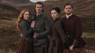 Ellen and Brian standing together and Julia and Henry standing together in Outlander: Blood of My Blood. 