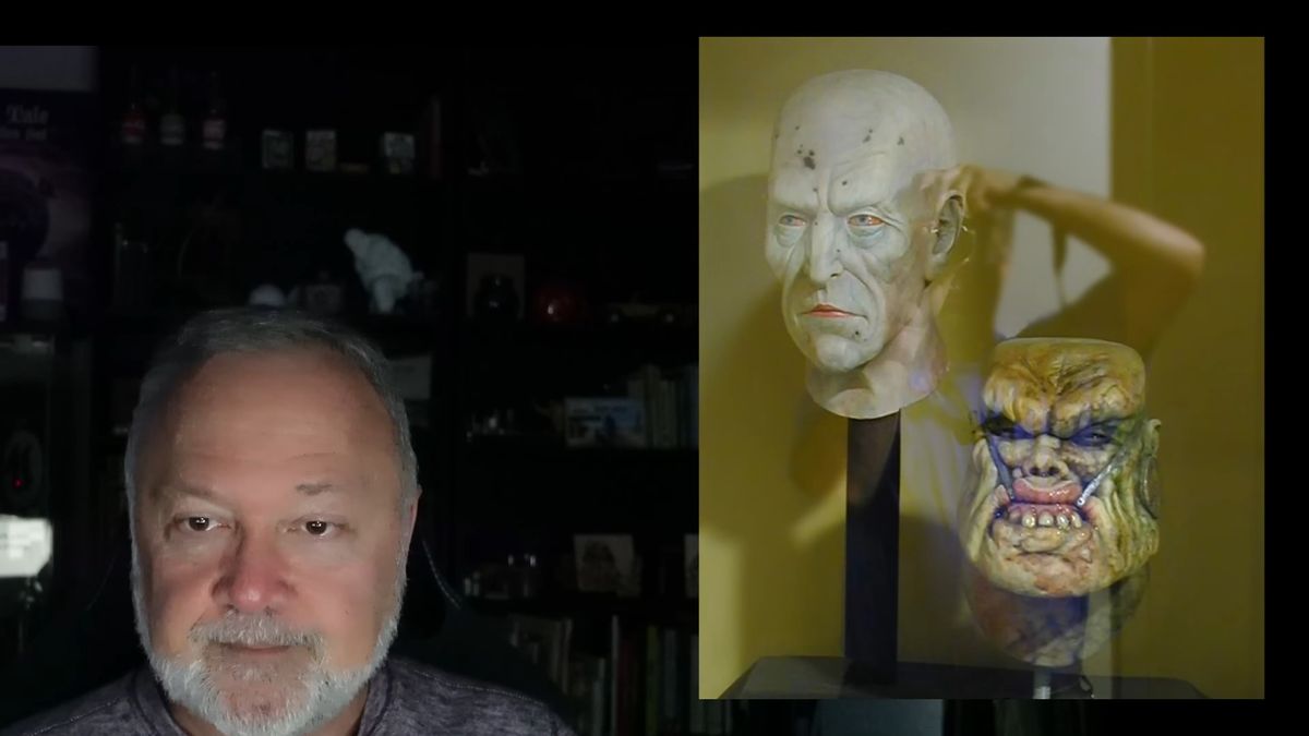 Web cam photo of developer Tim Cain next to superimposed image of OG Fallout "talking head" models behind glass in old Interplay headquarters