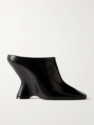 Glossed-Leather Wedge Mules