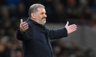 Tottenham manager Ange Postecoglou gestures during the Premier League match against Fulham in October 2023.