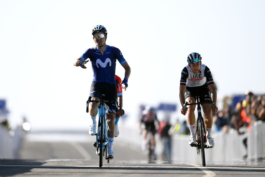 SKYVIEWS OF HARRAT UWAYRID SAUDI ARABIA FEBRUARY 02 LR Ruben Almeida Guerreiro of Portugal and Movistar Team celebrates at finish line as stage winner ahead of Davide Formolo of Italy and UAE Team Emirates during the 3rd Saudi Tour 2023 Stage 4 a 1633km stage from Maraya to Skyviews of Harrat Uwayrid 1159m SaudiTour on February 02 2023 in Skyviews of Harrat Uwayrid Saudi Arabia Photo by Alex BroadwayGetty Images