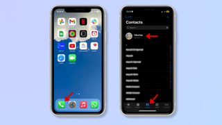 The first screenshot shows the iPhone home screen with a red arrow pointing at the Phone app. The second screenshot shows the Phone app with red arrows pointing at Contacts and My Card. 