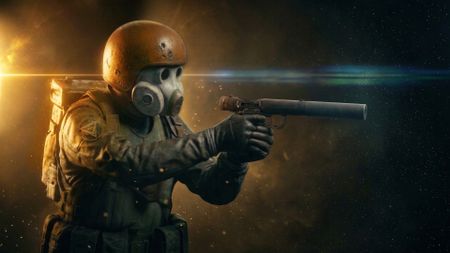 Marauders update image - man in helmet and full face mask aiming a silenced pistol