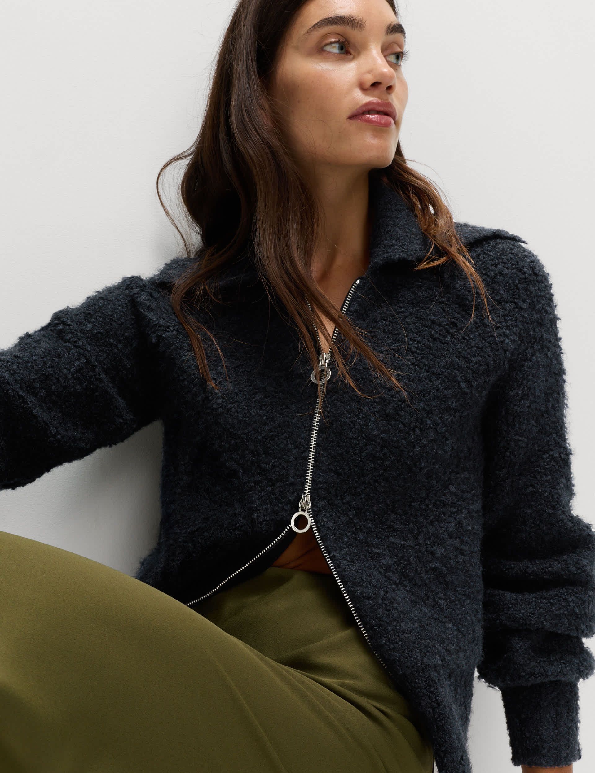 Bouclé Zip Up Collared Knitted Jacket With Wool