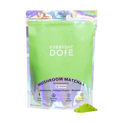 Everyday Dose Mushroom Matcha+ Ceremonial Grade Matcha Powder - Japanese Tea With Grass-Fed Collagen, Lion's Mane, Chaga, L-Theanine - for Better Focus, Energy, Digestion and Immunity - 30 Servings