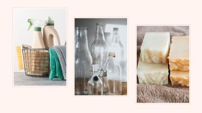 composite image of cleaning products, empty containers and solid shampoo to show sustainable home hacks