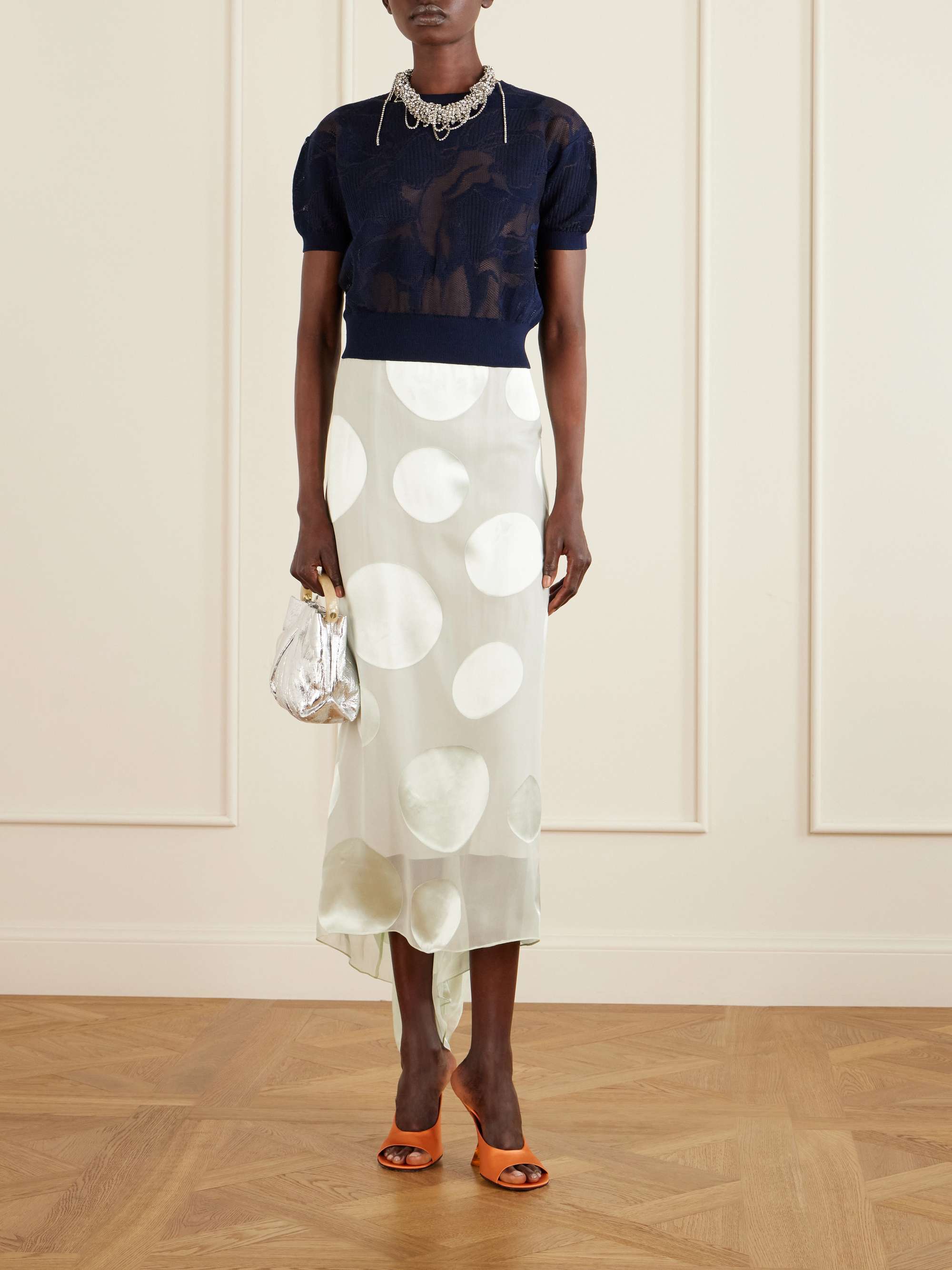 Asymmetric Polka-Dot Satin-Trimmed Chiffon Maxi Skirt