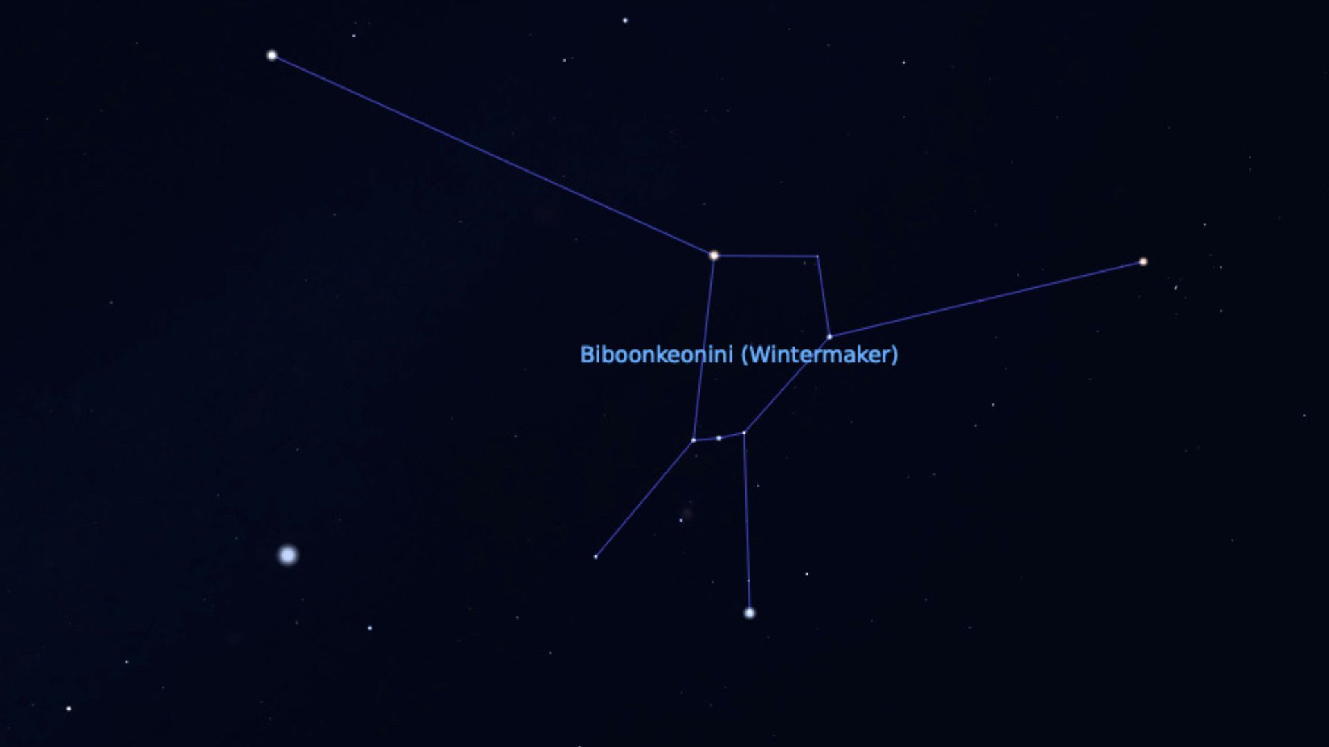 graphic illustration from Stellarium showing the location of the wintermaker in the night sky.