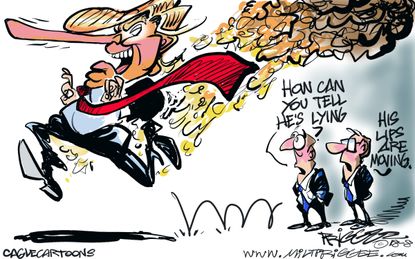 Political cartoon U.S. Trump lying lips Pinocchio