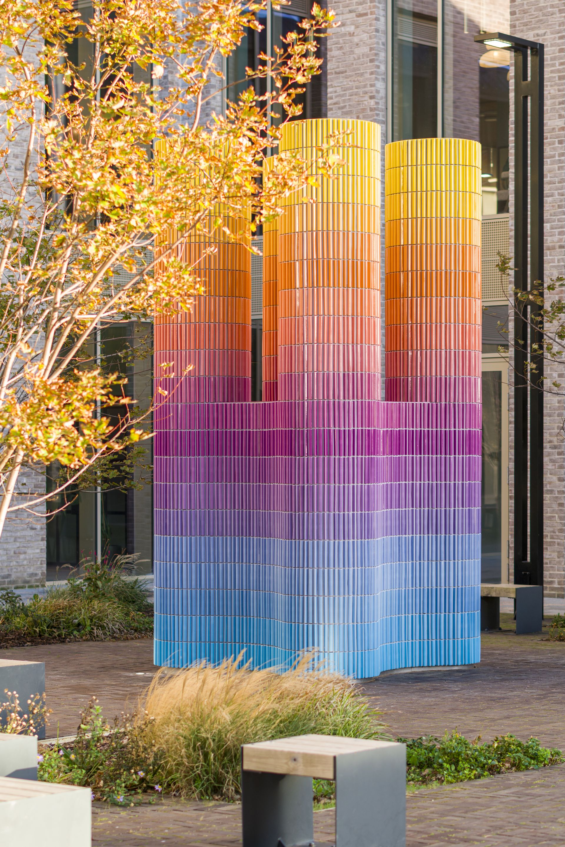 Cascade, a colourful vertical installation in London public realm, by Adam Nathaniel Furman