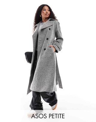 Asos Design Petite Formal Faux Wool Trench Coat in Salt and Pepper