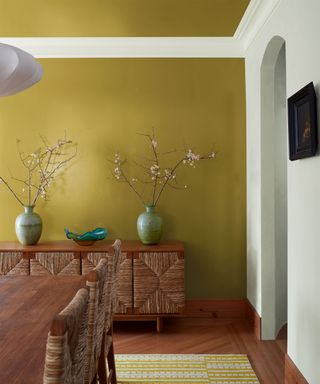 Dark yellow dining room with dark wooden furniture