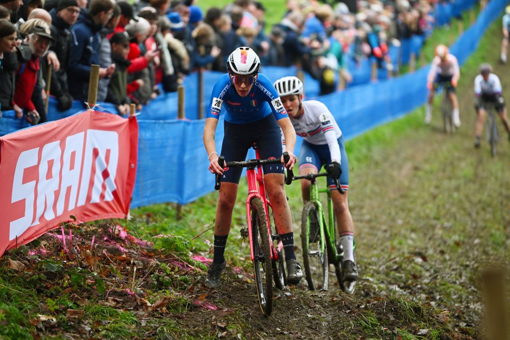 NAMUR BELGIUM NOVEMBER 05 LR Valentina Corvi of Italy and Cat Ferguson of The United Kingdom compete in the breakaway during the 20th UEC European Cyclocross Championships 2022 Womens Junior EuroCross22 on November 05 2022 in Namur Belgium Photo by Luc ClaessenGetty Images