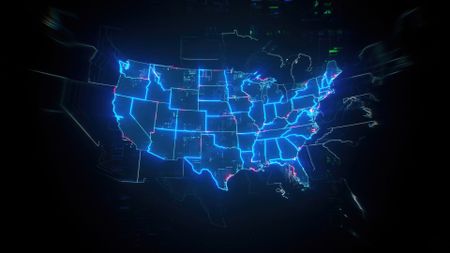 A CGI image of the continental US lit up in blue light along state borders, with some green and red lights additionally, against a black background, to represent US fiber rollout.
