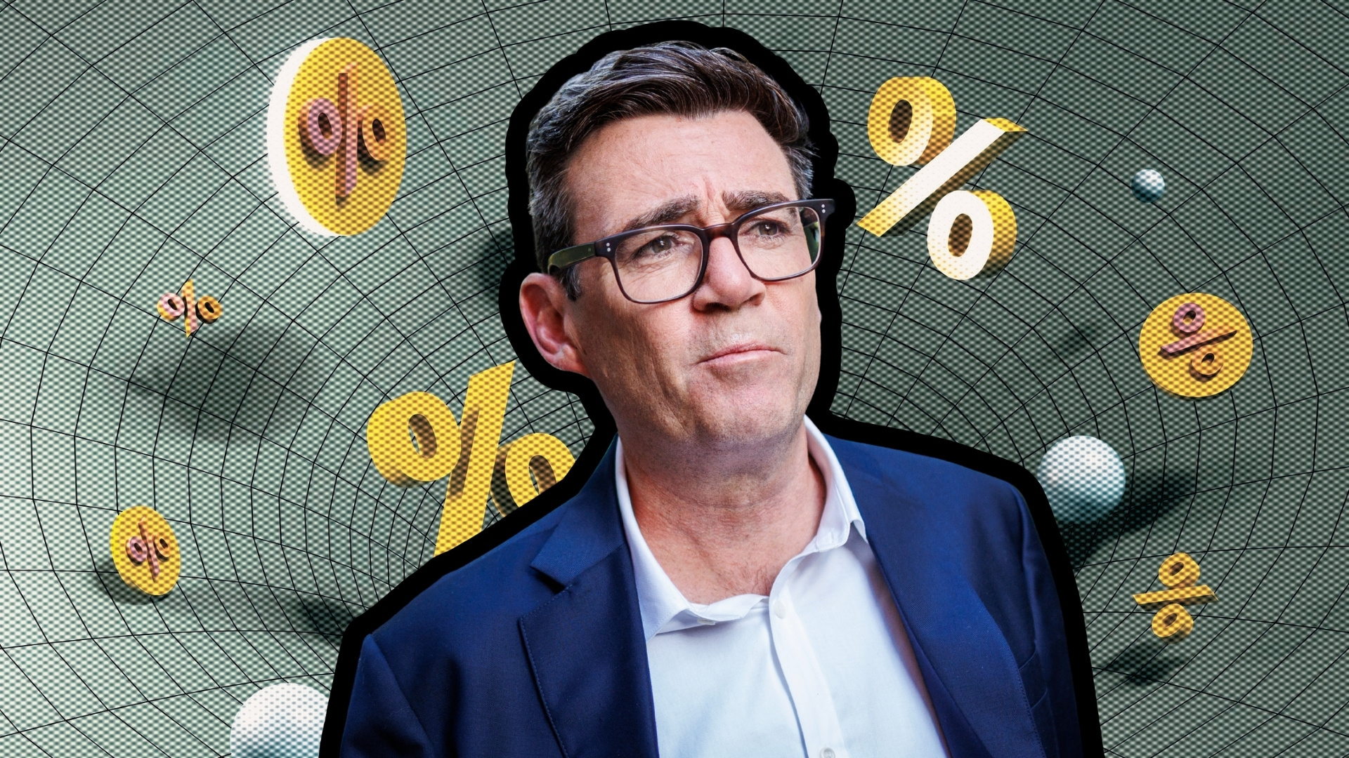 Andy Burnham with percentage symbols floating in the background