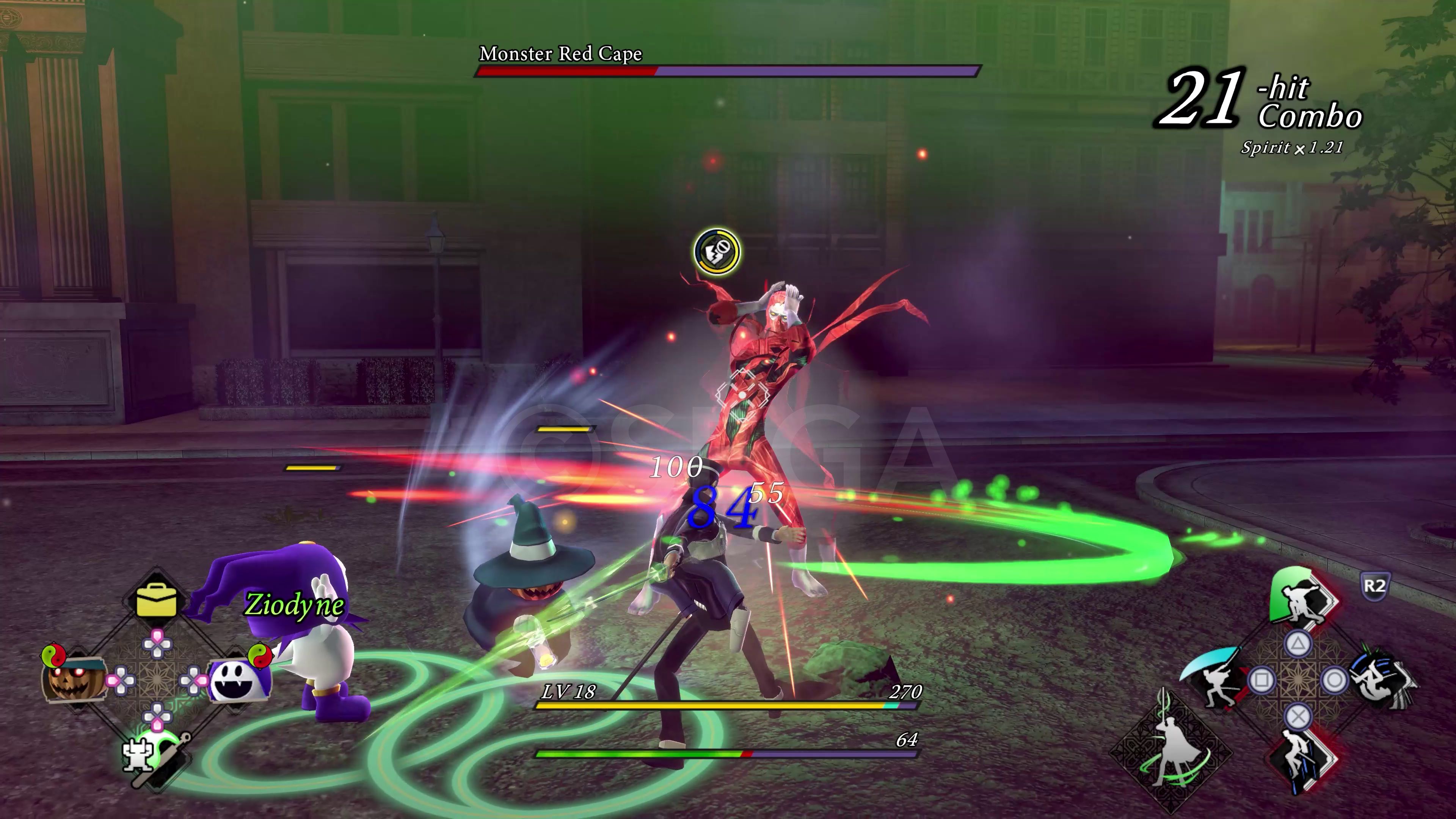 In-game screenshot of a boss fight with the Red Cape in Raidou Remastered (with SEGA watermark).
