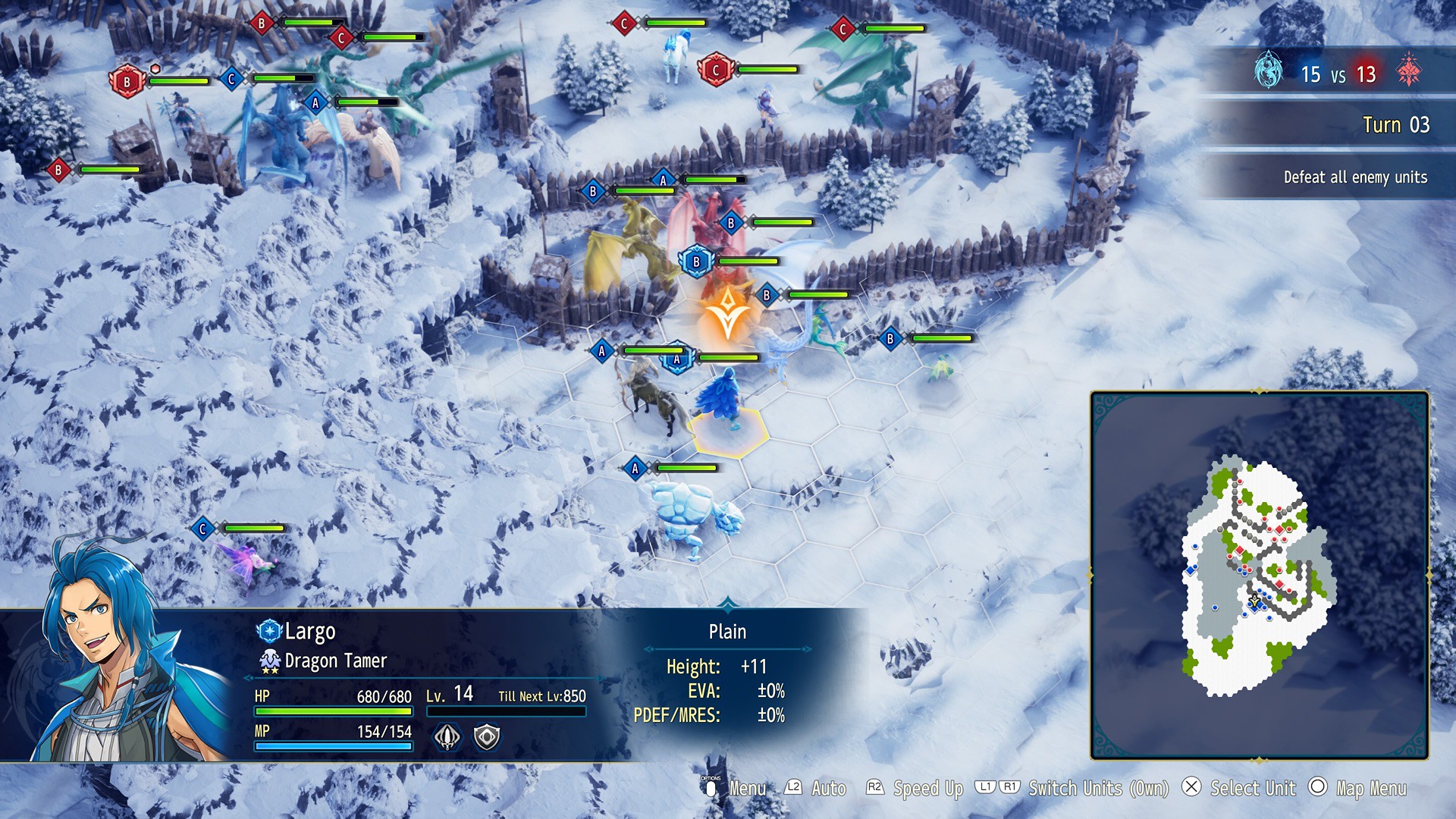 Brigandine Abyss screenshot showing a hex grid on a snowy landscape where soldiers and beast fight