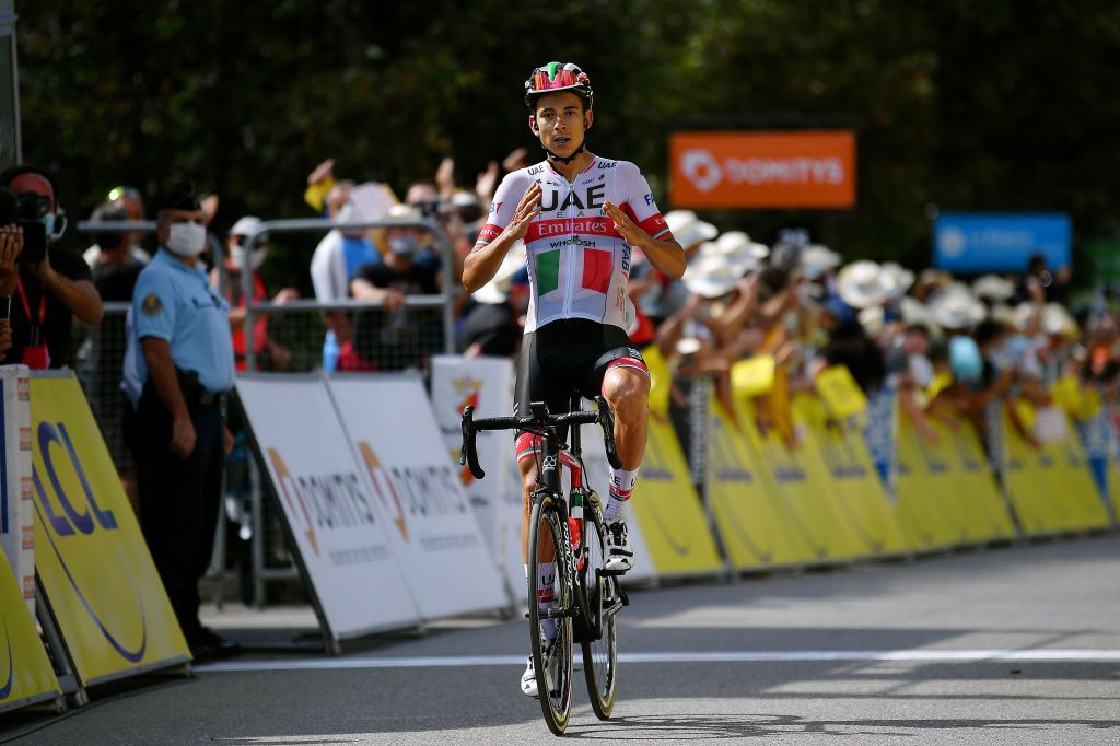 SAINT MARTIN DE BELLEVILLE FRANCE AUGUST 14 Arrival Davide Formolo of Italy and Team UAE Team Emirates Celebration during the 72nd Criterium du Dauphine 2020 Stage 3 a 157km stage from Corenc to Saint Martin de Belleville 1419m dauphine Dauphin on August 14 2020 in Saint Martin de Belleville France Photo by Justin SetterfieldGetty Images