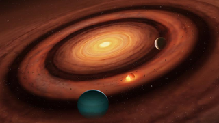 An illustration of a planet forming disk of gas and dust with planets forming as material is sandwiched between two larger planets