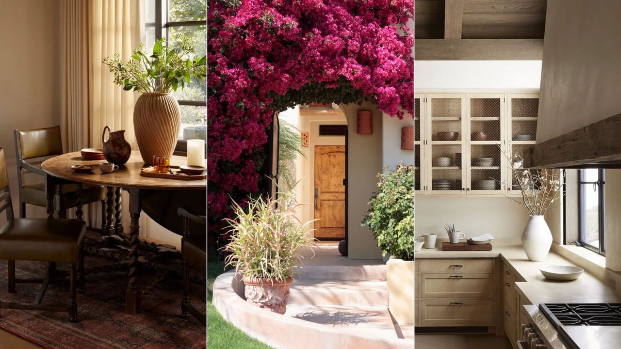 Dining room with vase, front of house with flowers, kitchen with shelves