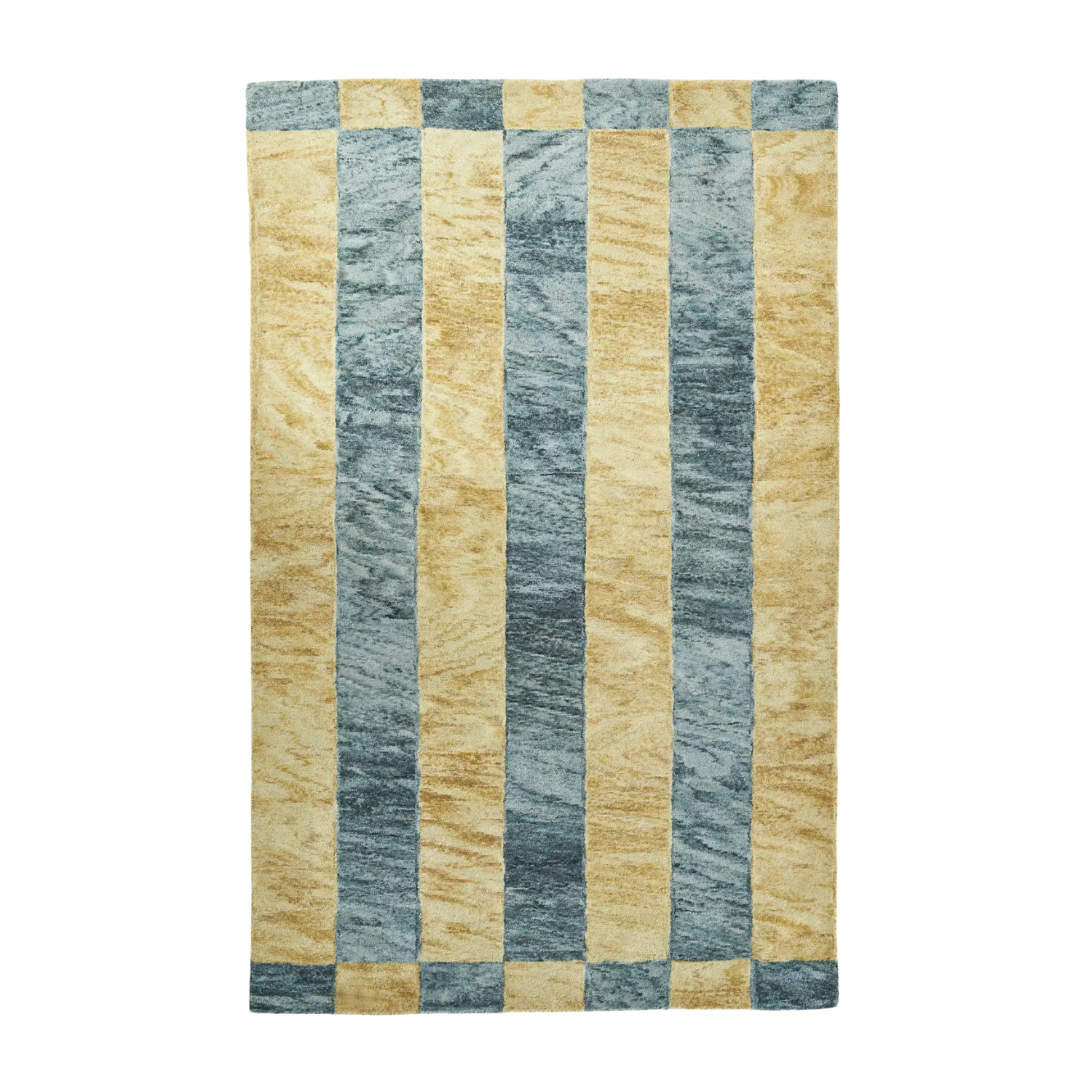 A striped tufted turquoise and yellow rug