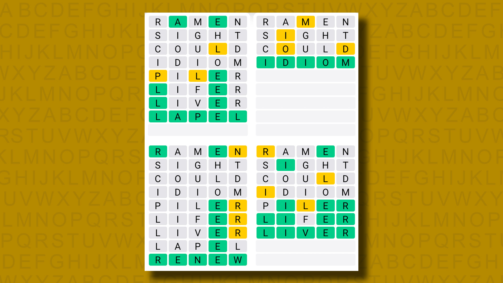 Quordle answers for game 1298 on a yellow background