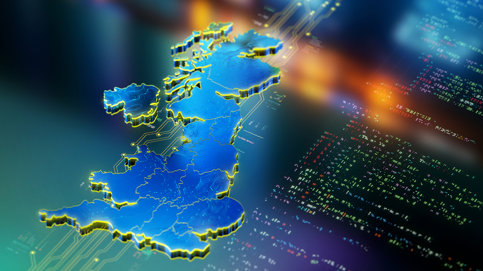 A CGI visualization of the UK, rendered in glowing light on a reflective surface, surrounded by code, to represent UK digital sovereignty.