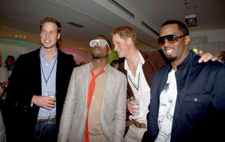 Prince William, Kanye West, Prince Harry, Diddy talking at the Concert for Diana