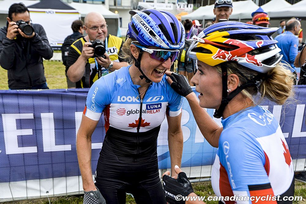 Canadian duo Emily Batty and Catharine Pendrel post race