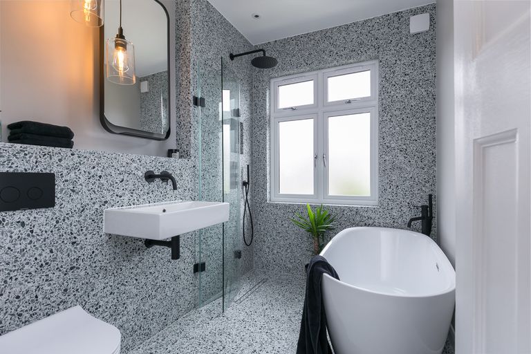 small bathroom with terrazzo tiles by BC Designs