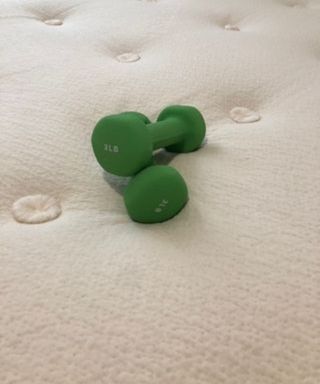 Weights balanced on the Avocado Green Mattress.