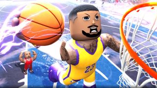 Playground Basketball - one player dunks a ball while another watches in defeat