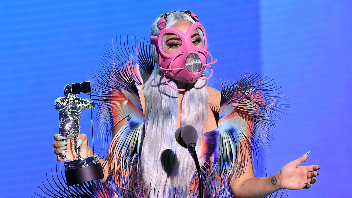 Lady Gaga accepts the Best Collaboration award for &quot;Rain on Me&quot; with Ariana Grande onstage during the 2020 MTV Video Music Awards, broadcast on Sunday, Aug. 30, 2020.