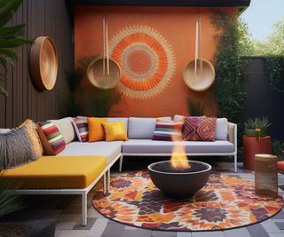 patio with painted wall mural and outdoor sofa