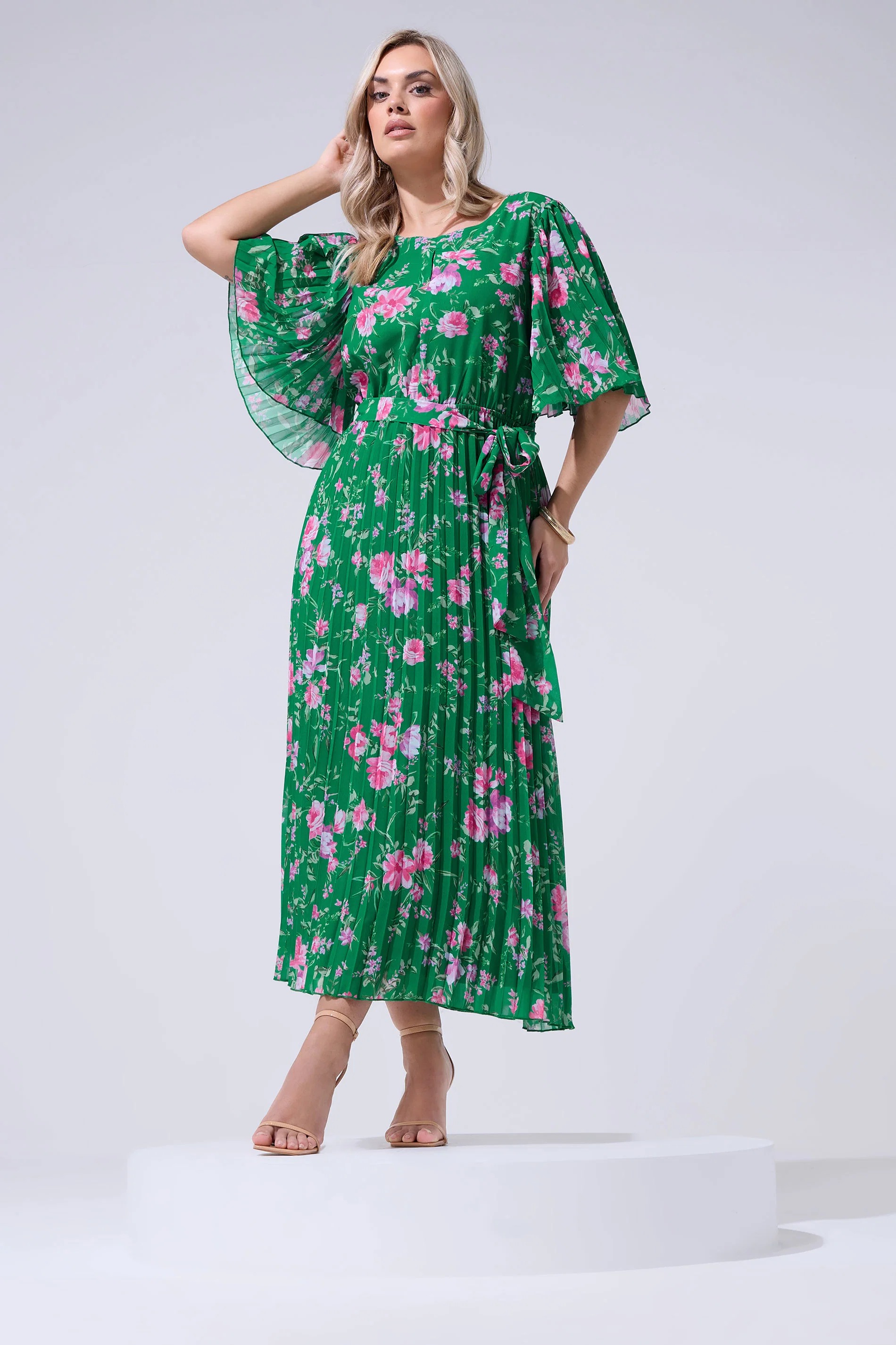 Yours Clothing, Curve Green Floral Pleated Maxi Dress