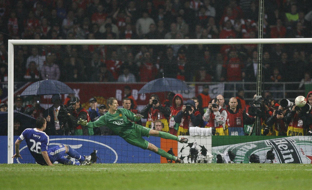 Chelsea captain John Terry slips and hits the post with his penalty in the 2008 Champions League final shootout against Manchester United