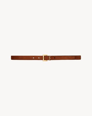 Women's Cassandre Thin Belt With Square Buckle in Suede in Brick