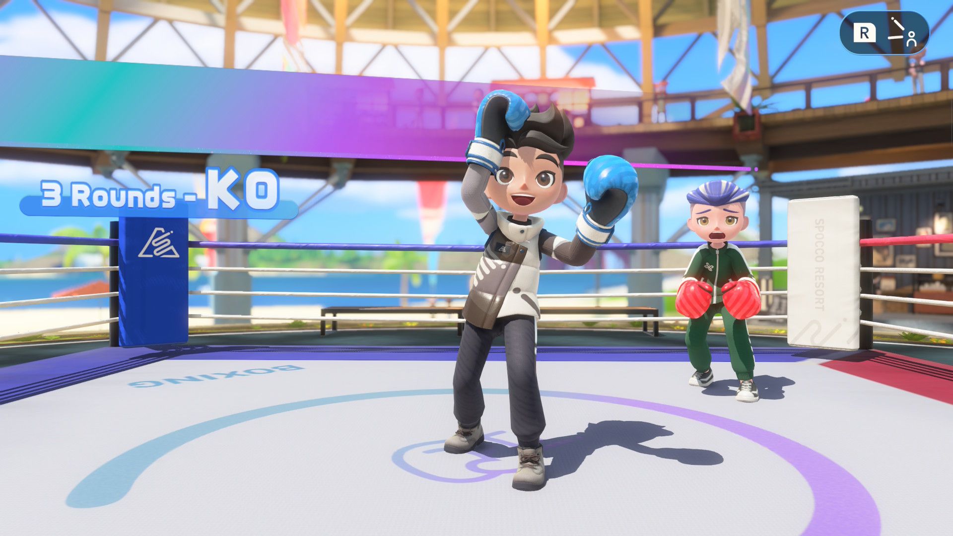 A screenshot showing a player winning a boxing match in Nintendo Switch Sports Resort