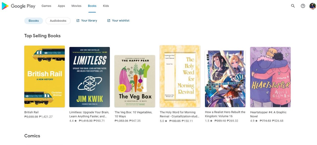Google Play Store's books tab on desktop