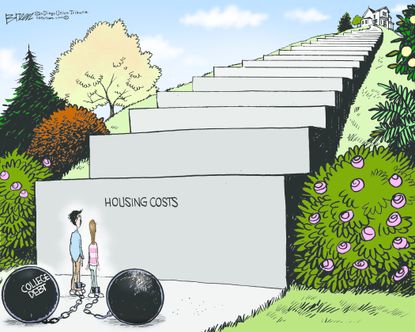 Political cartoon U.S. students chained to college debt housing costs rise