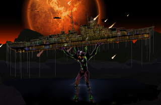 An image of a custom terraria map that is an homage to Neon Genesis Evangelion.