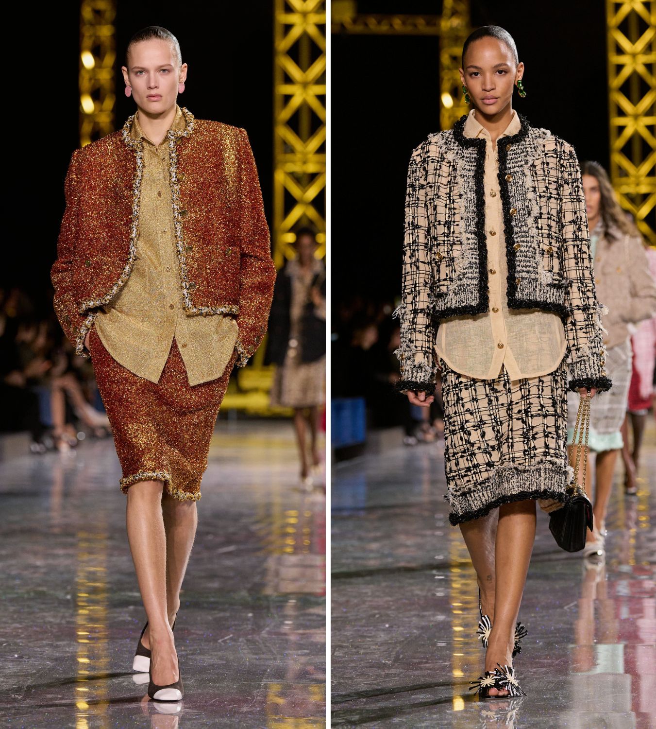 models on the runway at chanel aw26 wearing a loose shirt and skirt suit