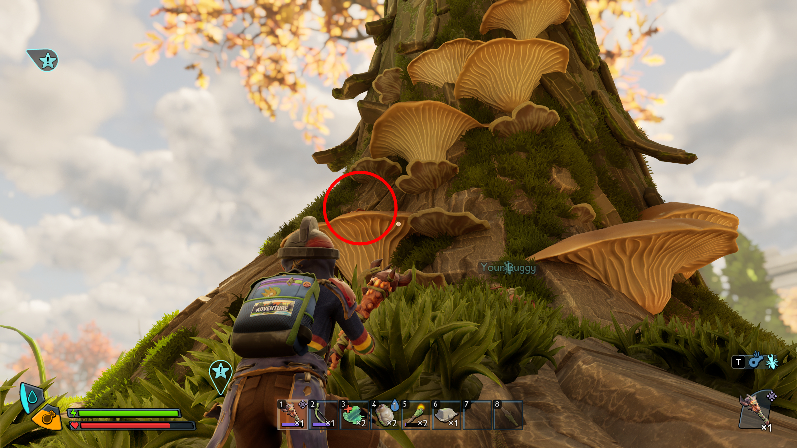 Grounded 2 Milk Molar locations: A red circle highlighting a Molar on top of a mushroom on a tree.